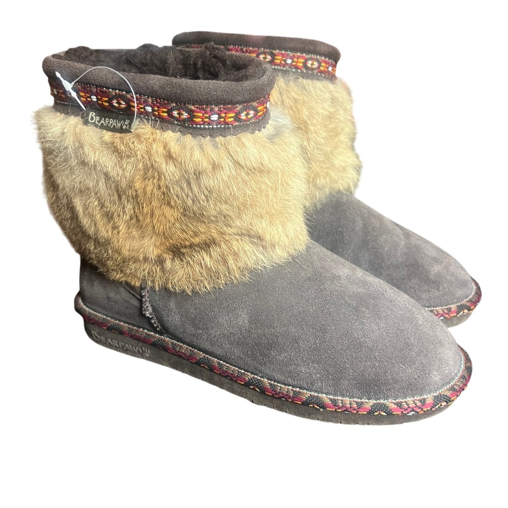 Bearpaw Suni Women's Brown Suede Rabbit Fur Trim Ankle Boots Wool Lined Size 7